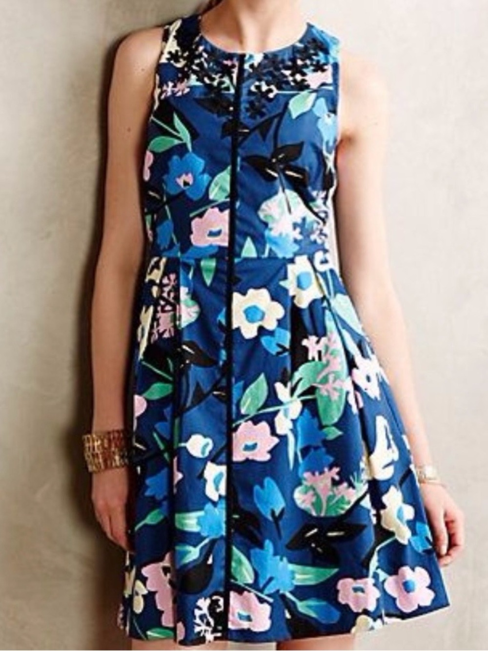 Anthropologie Blue Floral Sleeveless Fit-and-Flare Dress